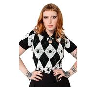 Hell Bunny Natasha Top Tricoté Gothique Araignée Argyle Imprimé Pull T-Shirt, Noir et Blanc, M
