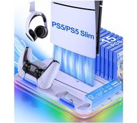 HELLCOOL Support PS5 avec ventilateur PS5, support PS5 pour tous les disques PS5/édition numérique/PS5 Slim, station de charge pour manette/support de casque/stockage de 15 jeux, accessoires pour la