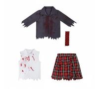 Hellery Costume Zombie Enfant Fille Tenue d'Écolière Déguisement Uniforme Ensemble Macabre en Polyester Léger avec Finitions Superposées Sombres et Ourlets, Zombie Étudiant, XL