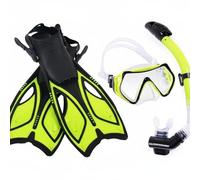 Hellery Fins and Coffret Palmes Masque Tuba avec Verre Épais 4mm et Embout Silicone Palmes à Sangles Ajustables et Tuba Sec à Purge pour Nage Apprentissage Snorkeling, Jaune, M
