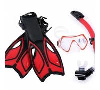 Hellery Fins and Coffret Palmes Masque Tuba avec Verre Épais 4mm et Embout Silicone Palmes à Sangles Ajustables et Tuba Sec à Purge pour Nage Apprentissage Snorkeling, Rouge, L