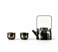 Hellery Plateau Décoratif Rectangulaire d'Appoint Présentoir Céramique à Bords Surélevés avec Accents Pinceau Allure Soignée, Théière Ronde Noire Avec Motif Doré Et Deux Tasses Basses