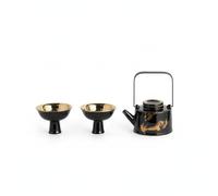 Hellery Plateau Décoratif Rectangulaire d'Appoint Présentoir Céramique à Bords Surélevés avec Accents Pinceau Allure Soignée, Théière Ronde Noire Avec Motif Abstrait Doré Et Deux Tasses À Pied