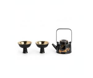 Hellery Plateau Décoratif Rectangulaire d'Appoint Présentoir Céramique à Bords Surélevés avec Accents Pinceau Allure Soignée, Théière Ronde Noire Avec Motif Abstrait Doré Et Deux Tasses À Pied