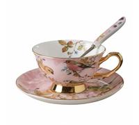 Hellery Tasse à Café en Céramique Tasse Mug Gobelet avec Soucoupe et Cuillère Coordonnées Bord Doré Chic Illustrations Florales et Oiseaux Texture Raffinée, Pink