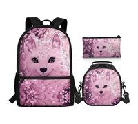 HELLHERO Ensemble cartable 3 en 1 pour filles et garçons avec boîte à déjeuner et trousse à crayons, Loup fleur de cerisier, Sacs à dos de jour