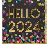 Hello 2024 Lot de 40 serviettes en papier Motif confettis 16,5 x 16,5 cm