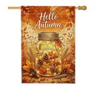 Hello Autumn Mason Jar Drapeau de maison 71,1 x 101,6 cm | Guirlande lumineuse chaude, drapeau de pelouse, feuillage de récolte saisonnière, pommes de pin, fond en bois rustique
