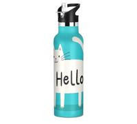 Hello Cartoon Bouteille d'eau isotherme à double paroi avec couvercle à paille pour la maison/bureau/voyage/sport/école Motif chat blanc mignon 591 ml