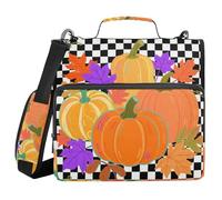 Hello Fall Automne Citrouille Carreaux Carreaux 3 Anneaux Robuste Fermeture Éclair avec Bandoulière Imperméable Portfolio Classeur Convient pour le collège