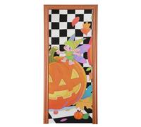 Hello Fall Autumn Pumpkin Checkered Plaid Spring Door Cover 35 x 79 In Hello Summer Banner Spring Summer Seasonal Decor M