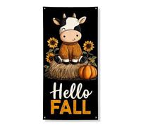 Hello Fall Bannière décorative pour porte de vache - Motif animal de la ferme - Tournesol - Décoration d'intérieur et d'extérieur - Fournitures de festival d'automne - 91,4 x 183 cm