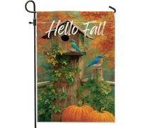 Hello Fall Birdhouse Drapeau de jardin, citrouille orange et merle bleu, bannière double face en toile de jute pour décoration de pelouse d'automne 30,5 x 45,7 cm