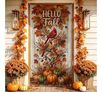 Hello Fall Cardinal Pumpkins Couvre-porte 91,4 x 182,9 cm | Fond texturé en bois rustique, bannière de porte d'entrée, feuillage de feuille d'érable vif, arrangement de récolte de