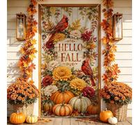 Hello Fall Citrouilles Cardinal Decor Automne Housses de porte 91,4 x 182,9 | Oiseaux cardinaux, toile de fond de porte d'entrée, fleurs de récolte, fond texturé en bois, décoration d'entrée saisonnière