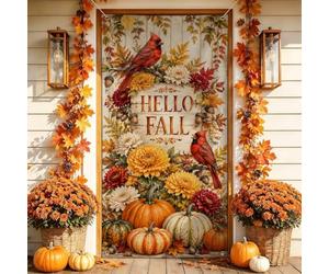 Hello Fall Citrouilles Cardinal Decor Automne Housses de porte 91,4 x 182,9 | Oiseaux cardinaux, toile de fond de porte d'entrée, fleurs de récolte, fond texturé en bois, décoration d'entrée saisonnière