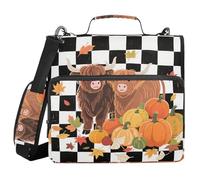 Hello Fall - Classeur à fermeture éclair avec bandoulière - Motif vache et citrouille - Noir - 3 anneaux - Pour l'école intermédiaire