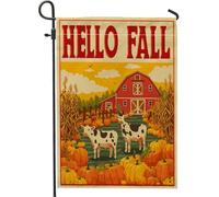 Hello Fall Drapeau de jardin de ferme orange, vaches granges pour décoration d'automne, bannière de cour, toile de jute double face, décoration saisonnière de pelouse, 30,5 x 45,7 cm