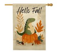 Hello Fall Drapeau de jardin dinosaure vert, bannière d'extérieur en toile de jute double face pour décoration d'intérieur, 71 x 101 cm
