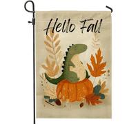 Hello Fall Drapeau de jardin dinosaure vert, bannière d'extérieur en toile de jute double face pour décoration d'intérieur, 30,5 x 45,7 cm
