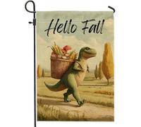 Hello Fall Drapeau de jardin dinosaure vert, décoration de jardin, bannière double face en toile de jute, décoration d'extérieur d'automne pour la maison, 30,5 x 45,7 cm