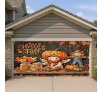 Hello Fall Grande housse de porte de garage vintage avec citrouilles d'automne et d'épouvantail - Décoration saisonnière pour intérieur et extérieur - Décoration de fond de fête d'automne - 400 x 180
