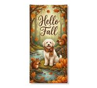 Hello Fall Housse de porte Motif chien et écureuils 91,4 x 182,9 cm | Écharpe à carreaux, panneau de porte d'entrée, écureuils des bois, citrouilles, forêt d'érable, salutation saisonnière