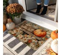 Hello Fall Paillasson motif citrouille orange et floral pour décoration intérieure et extérieure d'automne, tapis en caoutchouc imperméable, antidérapant, anti-poussière, entretien facile, 73,6 x 43,2