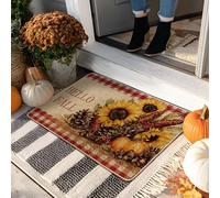 Hello Fall Paillasson tournesol jaune en forme de citrouille pour extérieur et intérieur, décoration rustique, caoutchouc imperméable, antidérapant, résistant à la saleté, facile d'entretien, 73,6 x