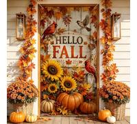 Hello Fall Sunflower Pumpkins Decor Housses de porte 91,4 x 182,9 cm | Texture en bois rustique, bannière de porche, oiseau cardinal saisonnier, citrouilles abondantes, palette de récolte chaude