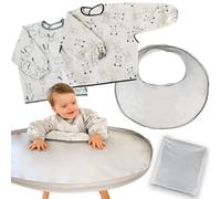 Hello Hippo® Kit Bavoir Plateau Bébé - 2 Bavoirs à Manches Longues Imperméables + Plateau de Diversification Gris à Ventouse pour Chaise Haute - Repas, Peinture et Activités Créatives