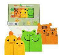Hello Hippo® Lot de 6 Gants de Toilette Bébé & Parents - Gants Douche Coton - Tigre, Grenouille, Poussin - 3 Gants Parents + 3 Enfants - Débarbouillette Lavable