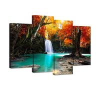 Hello Illustrations 4 Pièces Décoration Murale Peinture Bassin de Cascade en Automne Forêt Rouge Arbre tendue et Encadrée Illustrations Giclée Impressions sur Toile Woods Photos peintures sur Toile