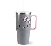 Hello Kitty Gobelet pour enfant, avec couvercle et paille, 540 ml, grand gobelet à paille, avec anse, gris, pour l'école, la maternelle, le sport et les excursions