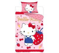 Hello Kitty Parure de Lit Bébé 100% Coton - Housse de Couette 100x135 cm + Taie d'oreiller 40x60 cm - Réversible Rose & Fraises