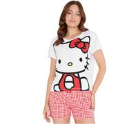 Hello Kitty Pyjama Femme 2 Pièces Ensemble Pyjama Femme Été Vêtement de Nuitt Doux et Respirant Cadeau Femme et Ado (L, Blanc/Rose)
