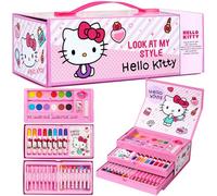 Hello Kitty Sanrio Coffret de Dessin Enfant, Kit Coloriage et Peinture, Crayons Feutres et Accessoires, Fournitures Kawaii en Mallette, Idée Cadeau Fille (Rose Hello Kitty à 3 Niveaux)