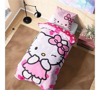 Hello Kitty Sanrio Housse de Couette 1 Personne 135x200 cm, Parure de Lit Réversible avec Taie Oreiller, Déco Chambre Ado Fille, Idée Cadeau