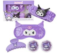 Hello Kitty Sanrio Kuromi Set Accessoires Beauté, Masque Yeux Rafraîchissant, Bandeau Duveteux, Pince Cheveux, Patches Gel Kawaii, Cadeau Femme Ado (Violet Kuromi)