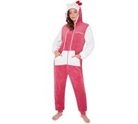 Hello Kitty Sanrio Pyjama Combinaison Femme et Ado en Polaire avec Capuche, Anime Grenouillère Douce, Idée Cadeau Femme (XL, Rouge)