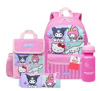Hello Kitty Sanrio Sac à Dos Fille Kit Scolaire 4 Pièces Trousse Kawaii Sac Isotherme Repas Gourde 600ml Kuromi Cinnamoroll