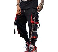 Hello MrLin Pantalon de Jogging pour Homme, Style Punk, Cargo, Baggy, techwear, Hip-hop, Sarouel, Streetwear, Tactique, survêtement, Noir/Rouge, Taille L