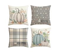 Hello Pumpkin Throw Pillow Covers, 18x18Inch Autumn Thanksgiving Harvest Eucalyptus Decorations for Sofa Couch Set of 4