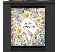 Hello Spring Bunny On Floral Autocollant magnétique pour lave-vaisselle pour décoration d'appareils de cuisine, réutilisable pour réfrigérateur, 66 x 58 cm