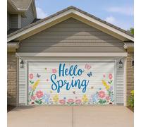 Hello Spring Housse de porte de garage - Décoration florale colorée - Motif papillon et fleur - Décoration extérieure saisonnière pour la maison - 397 x 180 cm