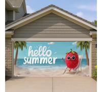 Hello Summer Couverture de porte de garage amusante, motif fraises tropicales, décorations d'extérieur colorées d'été, fond de fête saisonnière, 397 x 180 cm