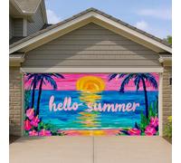 Hello Summer Couverture de porte de garage Motif coucher de soleil tropical, décor floral coloré pour plage, décorations extérieures, arrière-plan de fête d'été, 397 x 180 cm