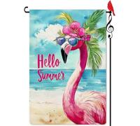 Hello Summer Drapeau de jardin flamant rose Petit drapeau extérieur Double face Terres agricoles Bienvenue cour pelouse hiver