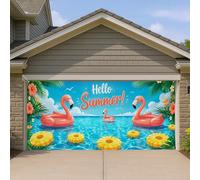 Hello Summer Housse de porte de garage avec oiseaux tropicaux, décoration de fête de piscine tropicale, pêche vive et jaune pour s'amuser en été, 397 x 180 cm