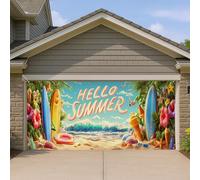 Hello Summer Housse de porte de garage - Décoration de plage tropicale vibrante - Planches de surf et fleurs colorées - Décoration intérieure et extérieure d'été - 397 x 180 cm